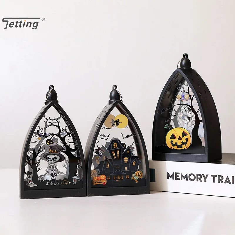 Halloween Laternenlichter - Dekoration Vintage LED Kürbislichter |   Tischlaterne mit Skelett-Kürbis-Schloss |   Lampenornament