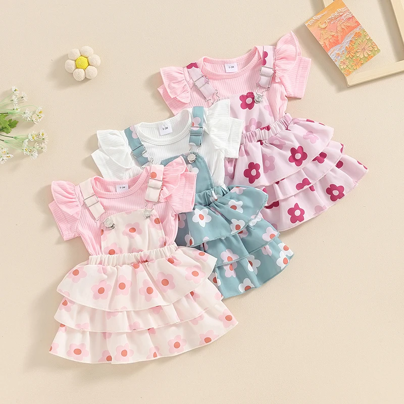 

Newborn Sets Baby Girls Clothes Ruffles Short Sleeve Bodysuits+Floral Print Button Suspender Skirts Set Summer Outfits