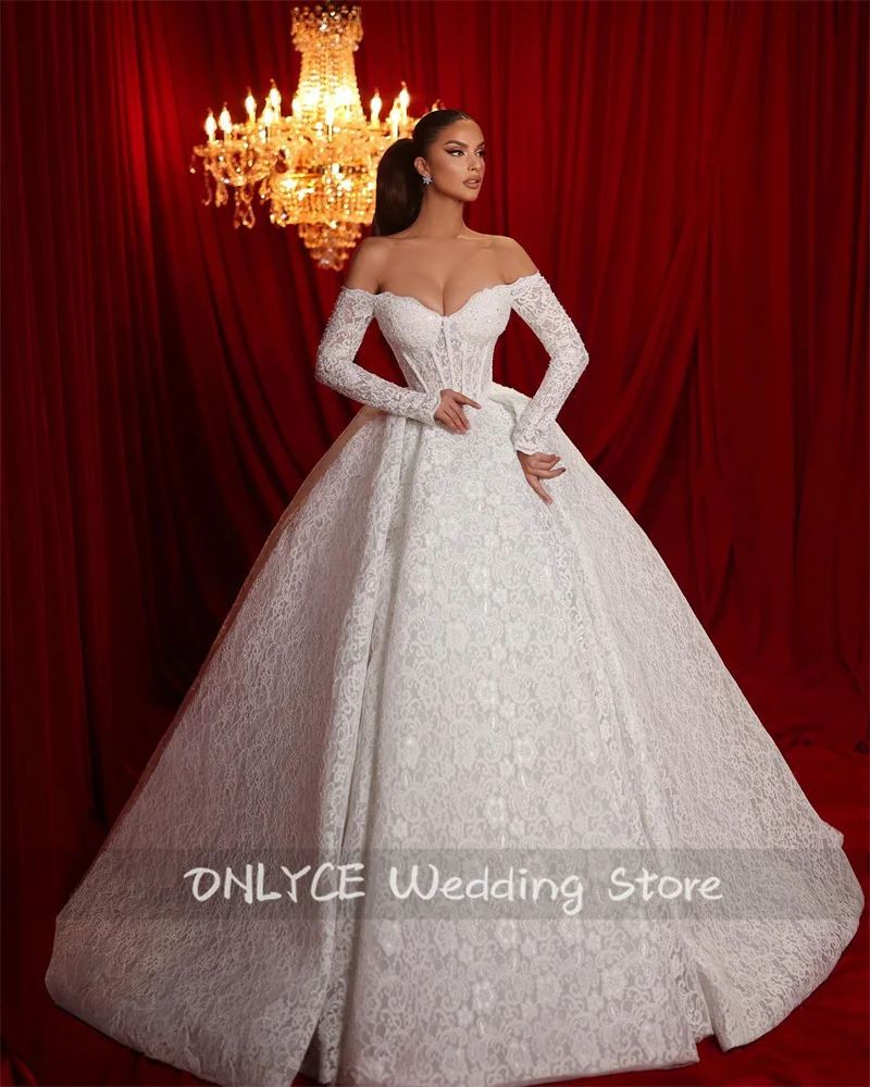 

Puffy Exquisite Lace Wedding Gown 2024 Dubai Off Shoulder Beading Custom-Made Ball Gown For Bride Corset Style Robe De Mariée