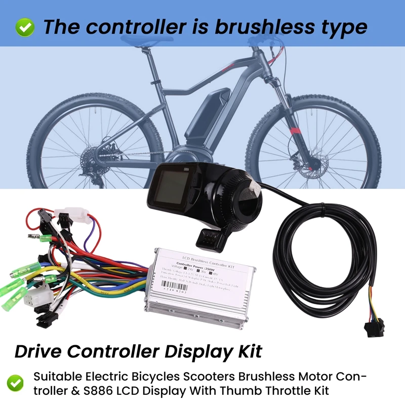 Suitable Electric Bicycles Scooters Brushless Motor Controller & S886 LCD Display With Thumb Throttle Kit