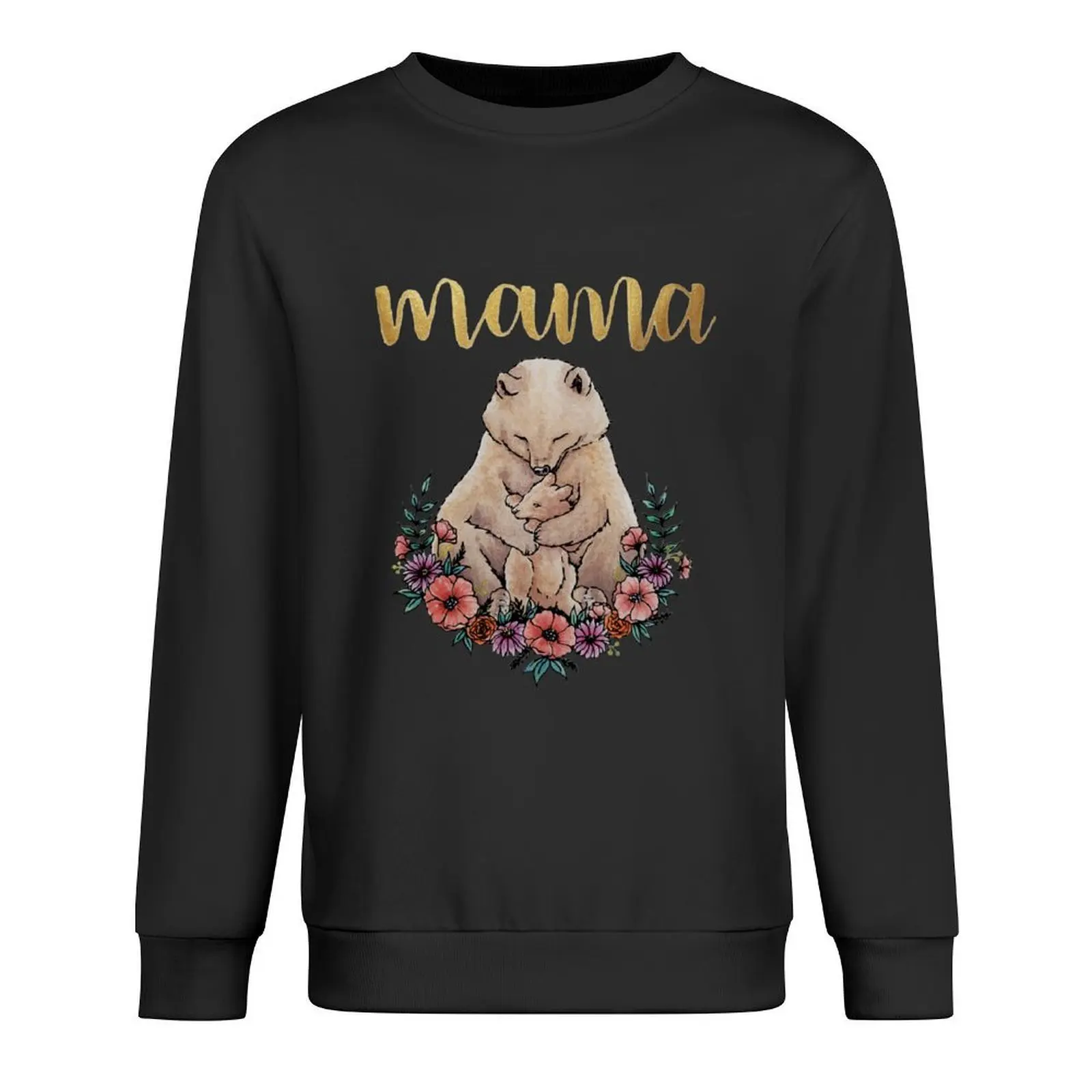 

Watercolor Mothers Day Mama Bear with Cub and Flowers Pullover graphic t shirts men fashion men men clothing sweatshirt male