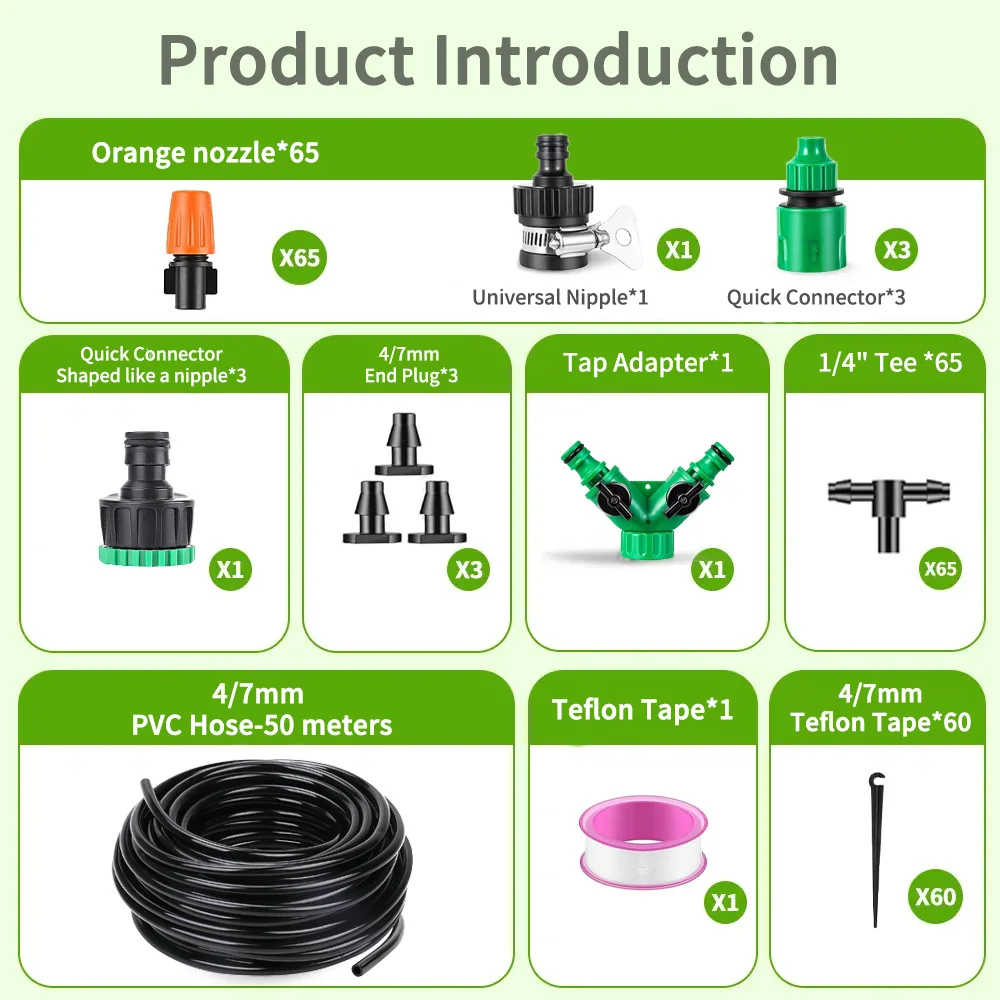 4/7 PE Hose and Connector Fog Nozzles Irrigation Kit 50m/60m Garden Automatic Spray Misting Plant Watering System