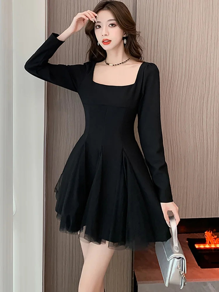 White Square Collar Elegant Patchowrk Mesh A-Line Mini Dress Women Autumn Winter Casual Dress 2024 Korean Bodycon Party Vestidos