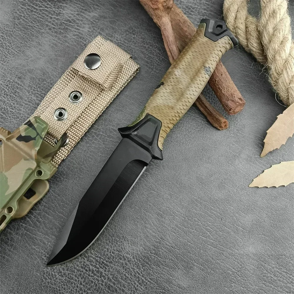 Camuflaje GB 1500 StrongArm Full Tang cuchillo de hoja fija 8Cr13Mov hoja negra mangos de goma cuchillos tácticos militares de caza
