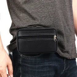 Men PU Leather Fanny Waist Bag Solid Color Zipper Mobile Phone Belt Bum Pouch