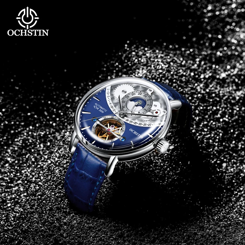 OCHSTIN Fashion Business Men Mechanical Watch Masterpiece Exquisite Hollow Flywheel Design Comfortable Leather Bracelet Wrist