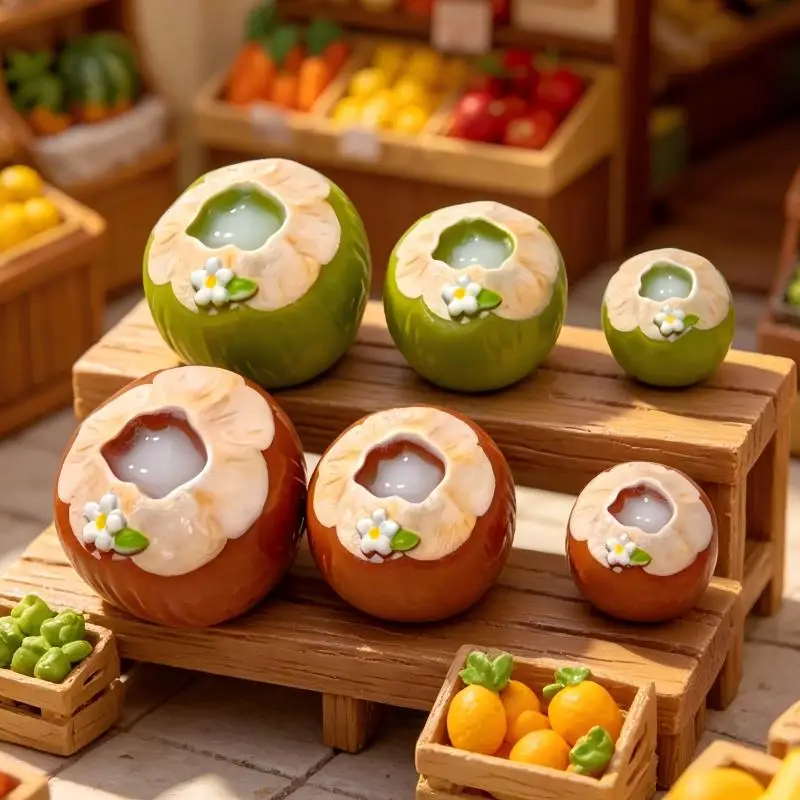 6pcs Simulated 3D Green Brown Coconut Juice Resin Decor Accessories Mini Figurines For Pendant Making