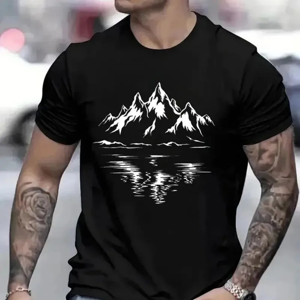 Mountain Print Men's Breathable Round Neck T-shirt with Landscape Printed Pattern Outdoor Lover Casual Top