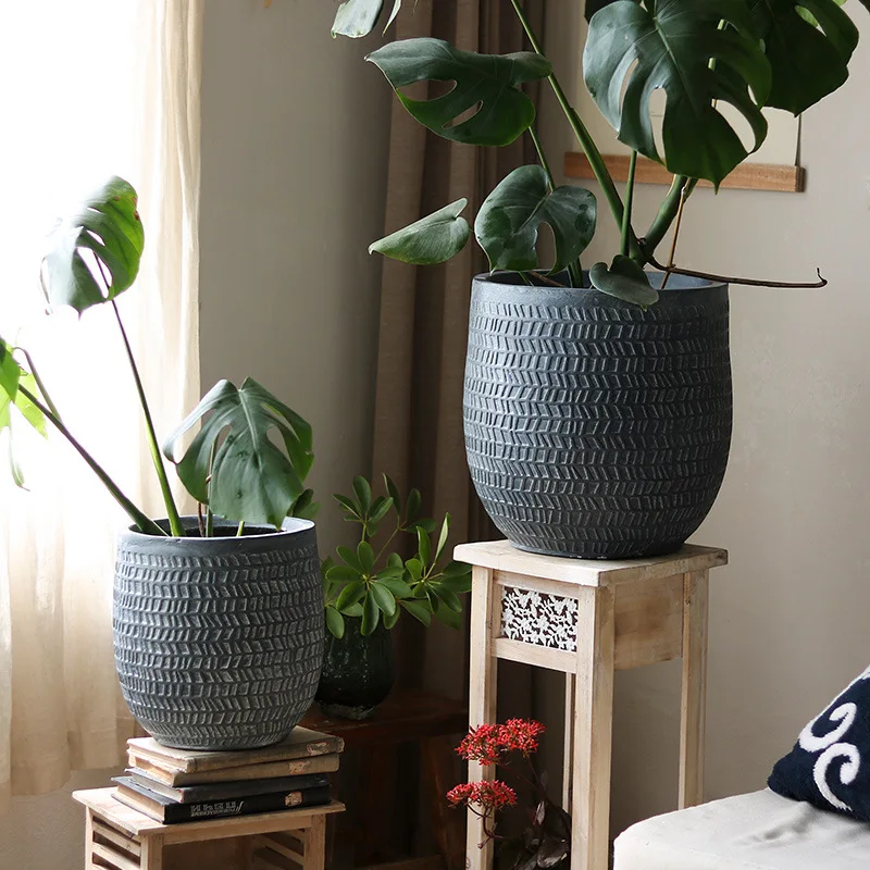 Retro magnesium mud flower pot with texture living room balcony shopping mall courtyard floor-to-ceiling large-diameter green