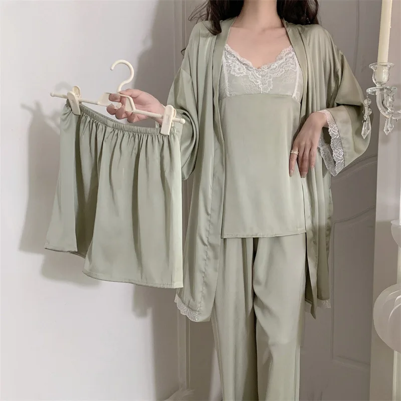 

4PCS Pajamas Set Spring Summer trouser suit Women Lace Trim Bathrobe Strap Top&Shorts Pijamas Sexy Loose Silk Satin Home Wear