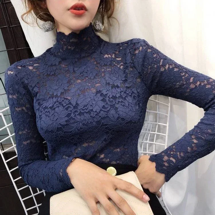 Women Turtleneck Fake Collar High-stretch Lace Decorative Elegant Fashionable Blouse Tops Long Sleeve Shirt Detachable Collar