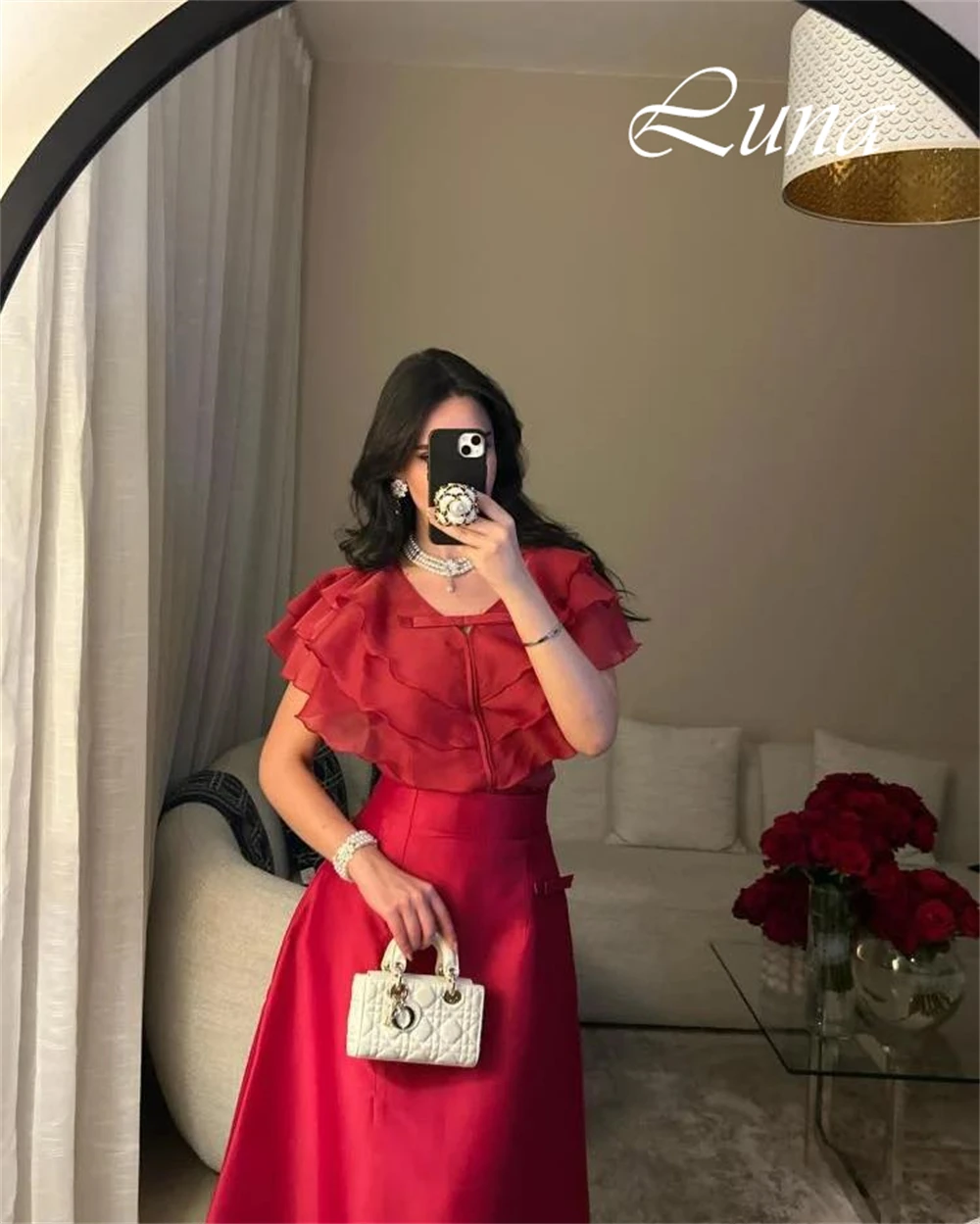 Customized Simple V-Neck Cap Sleeve Short Sleeves Evening Dress Temperament A-Line Prom Dresses Delicate Organza Party Gowns