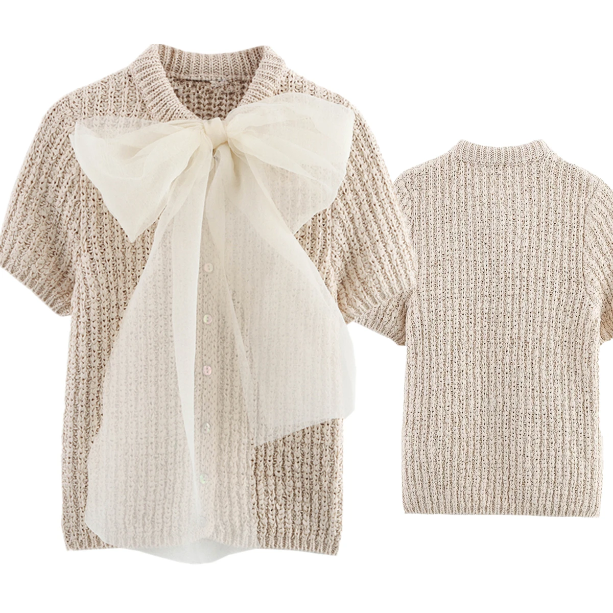 

Withered Minimalist Women's Knitted T-shirt With Mesh Bow Decoration Fashion Round Neck Short Sleeved Sweater Women Top