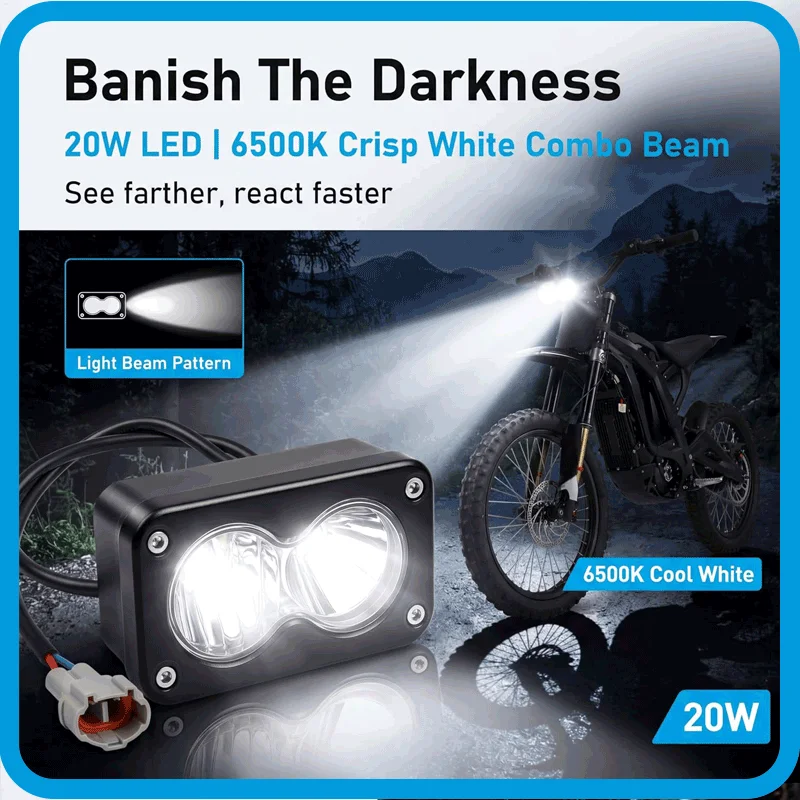 20W LED Headlight Kit for Surron, Segway X260, Talaria MX4-6500K White Combo Beam, Plug & Play Baja Light with Switch & Bracket,