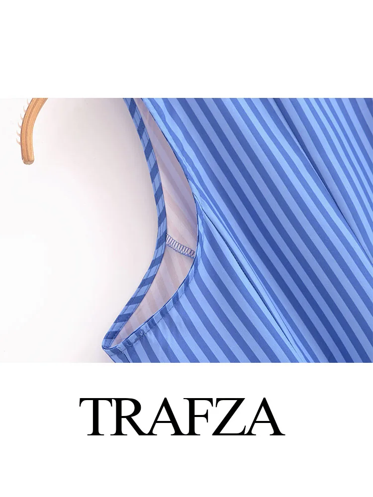 TRAFZA-Vestido Midi de gola com camisa com renda nas costas feminina, vestido solto de peito único, listra elegante, verão