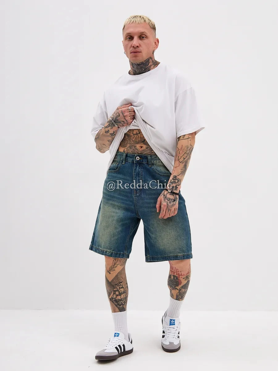 REDDACHiC เก่าหนวดเบอร์มิวดากางเกง Baggy Jorts กระเป๋าต่ําเอว Vintage Wash Denim กางเกงขาสั้นฤดูร้อนผู้ชาย Streetwear