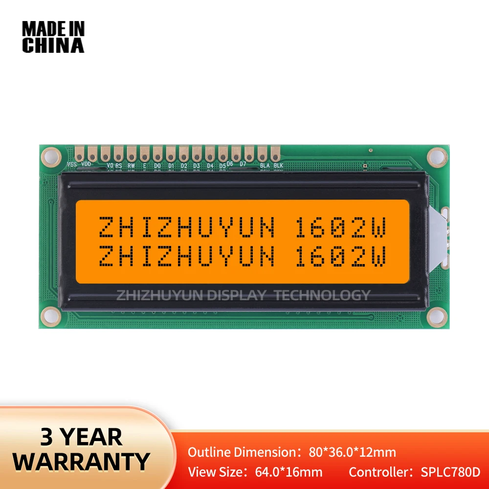 Quality Assurance 1602W Character Screen Full View Wide Temperature Orange Light LCD Screen Spot Module Voltage 5V 3.3V