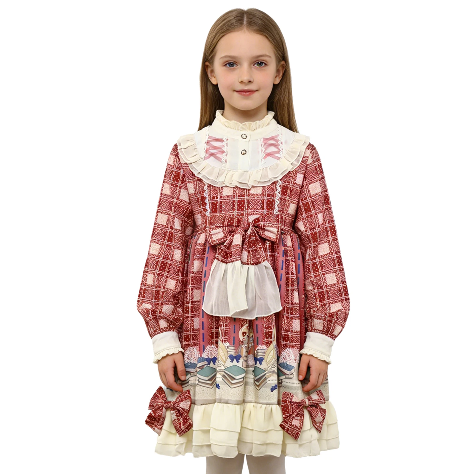 Teens Girls Japanese Lolita Kawaii Princess Dress Plaid Long Sleeve Lace Bow Ruffled Gothic Dresses Themed Party Cosplay Costume