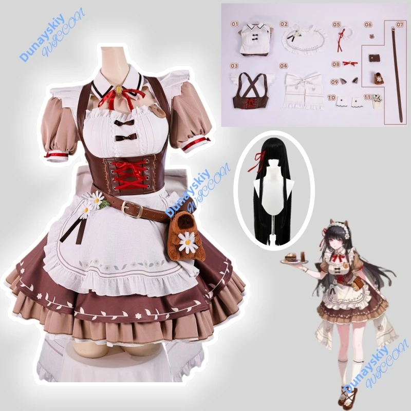 

Wuthering Waves CHISA Cosplay Outfit Wig Women Cute Maid Dress for Halloween Christmas Role Play Costumes
