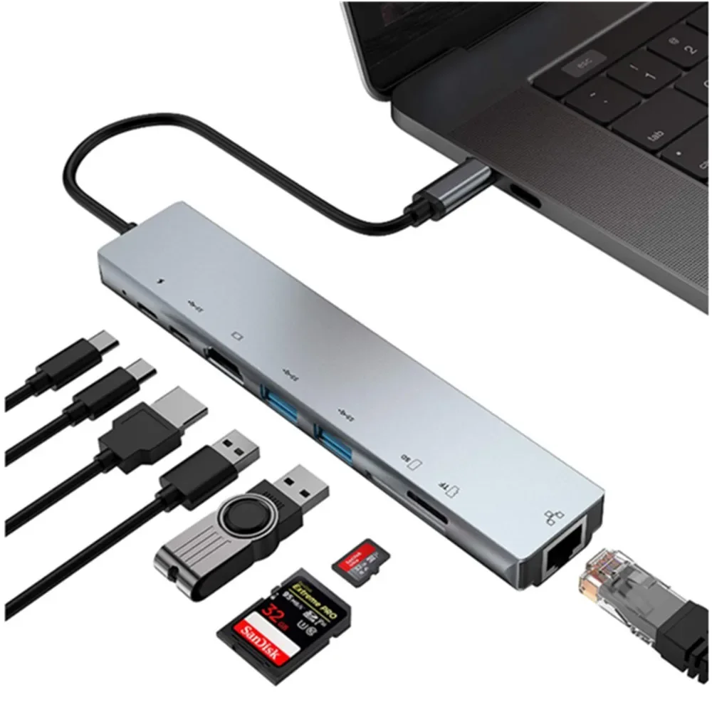 USB3.0 1080P 8-in-1 Type-c docking station, USB hub to  + RJ45 + PD + USB3.0 docking hub,4K HD, PD fast charging docking hub