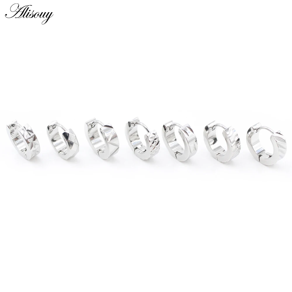 Alisouy 2PC Polished Stainless Steel Engraved Carving Tire Tread Circle Round Women Men Unisex Ear Hoop Earring Piercing Jewelry