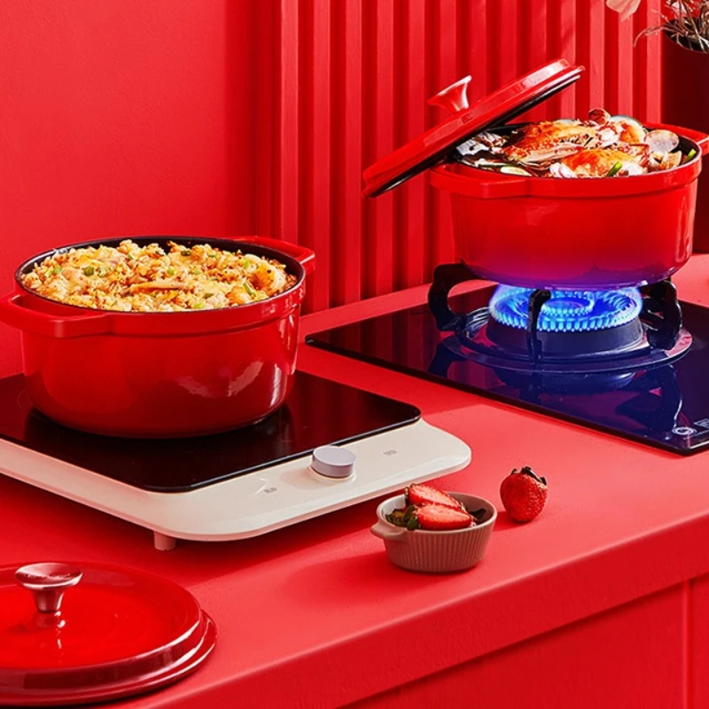 

Home Enameled Cast Iron Stew Pot Double Handle Soup Casserole Gas Induction Cooker Heat Retention Easy Wash for Kitchen