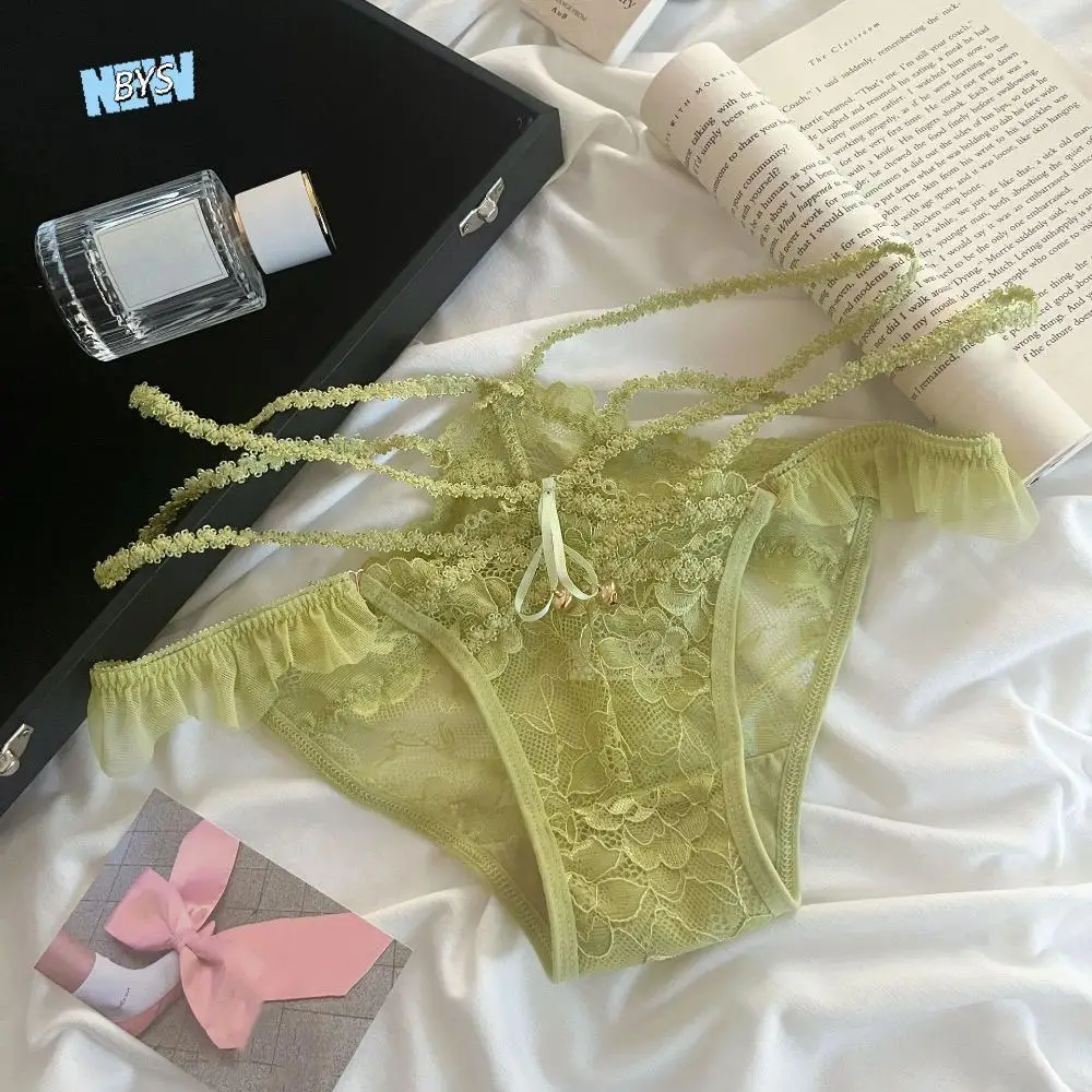 

Breathable with Bell Ice Silk Panties Seamless Thong Lace Bow Briefs Underwear Low Waist Women's Summer Panties Girl