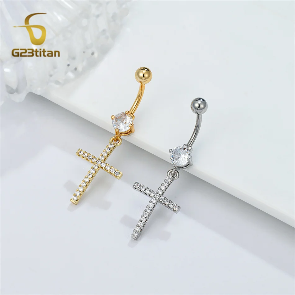 14G Titanium Curved Barbell Navel Ring Cross Pendant CZ Zircon Dangled Anti Allergy Piercings Body Bar Jewelry Women Accessories