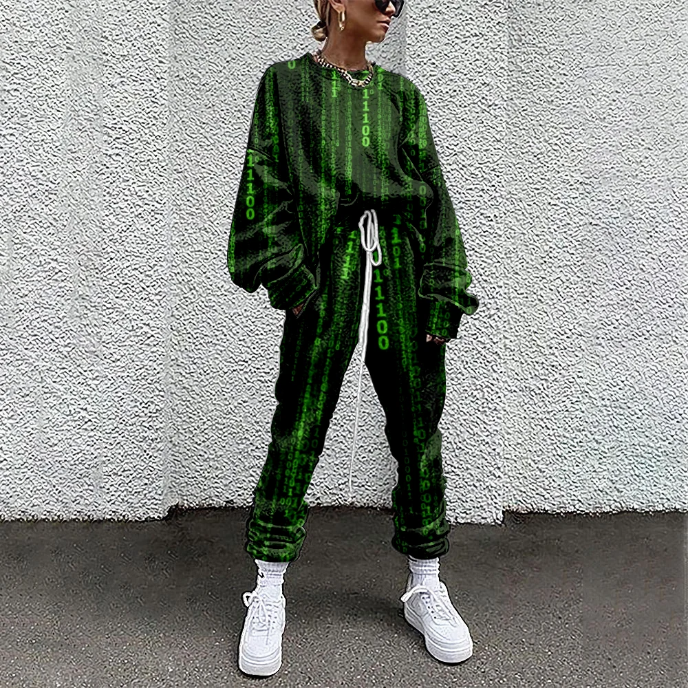 

SOJINM 2022 Women Tracksuit Sweatshirt+Straight Sweatpants Green Printed 2 Piece Outfit Matching Fitness Sporty Plusize 6XL