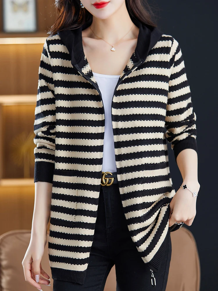 

Stripe Cardigans Sweaters Women New Autumn Long Sleeve Knitted Coat With Hooded Harajuku Zipper Sweater Cardigan