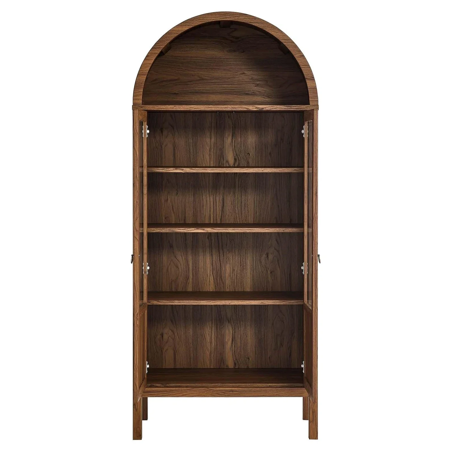 -Mid-Century Farmhouse Walnut High Arched Sideboard 4 Tier Adjustable Shelf Storage Display Cabinet With Glass Doors