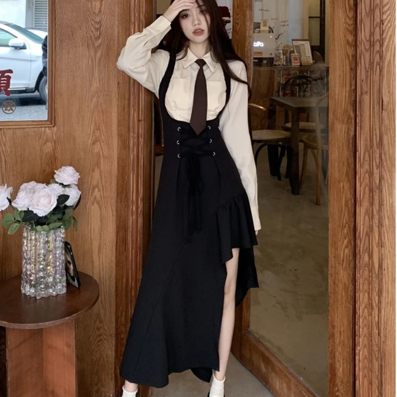 Spring New Preppy Style Short Shirt with Tie Bandage Sleeveless Irregular Dresses Set Korean Lady Fashion Outfits 2023 New Suit