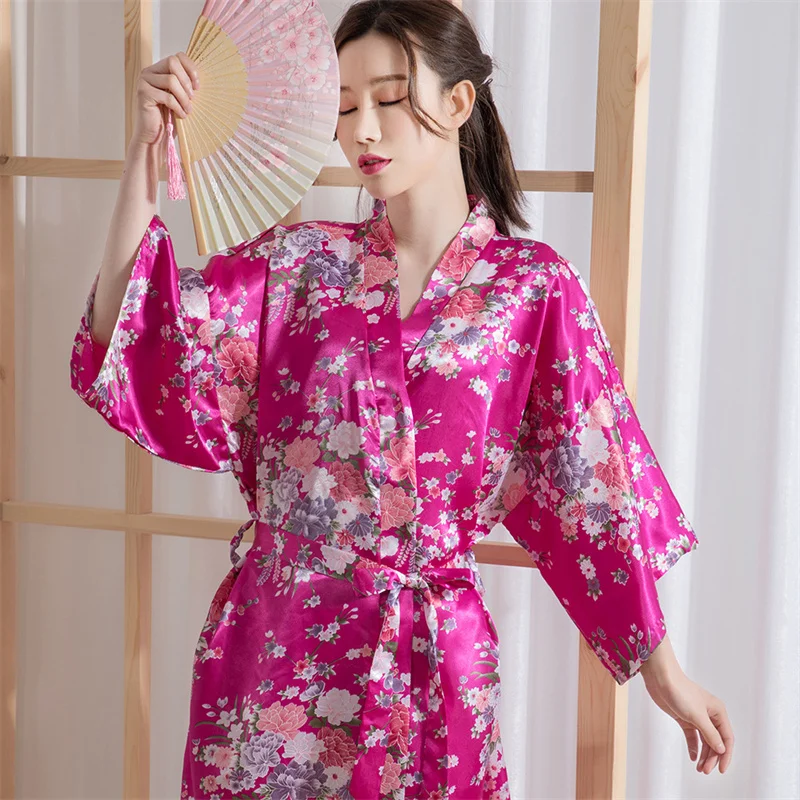 Japonský kimono dámská klasický talár sexy potištěné hedvábí imitace noční košile pyžamo svetr talár dlouhé ležérní župan loungewear