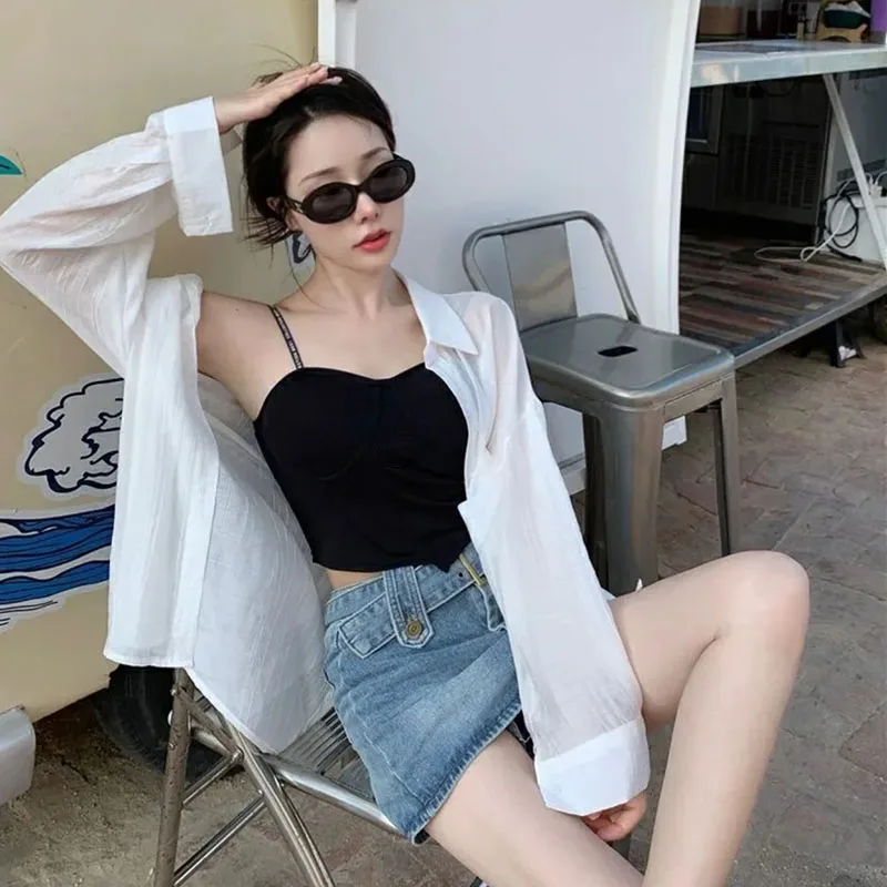 Thin Long Sleeve Sunscreen Shirt Woman Korean Fashion Back Split Lace Up White Shirts Women Casual Loose Holiday Beach Blouse