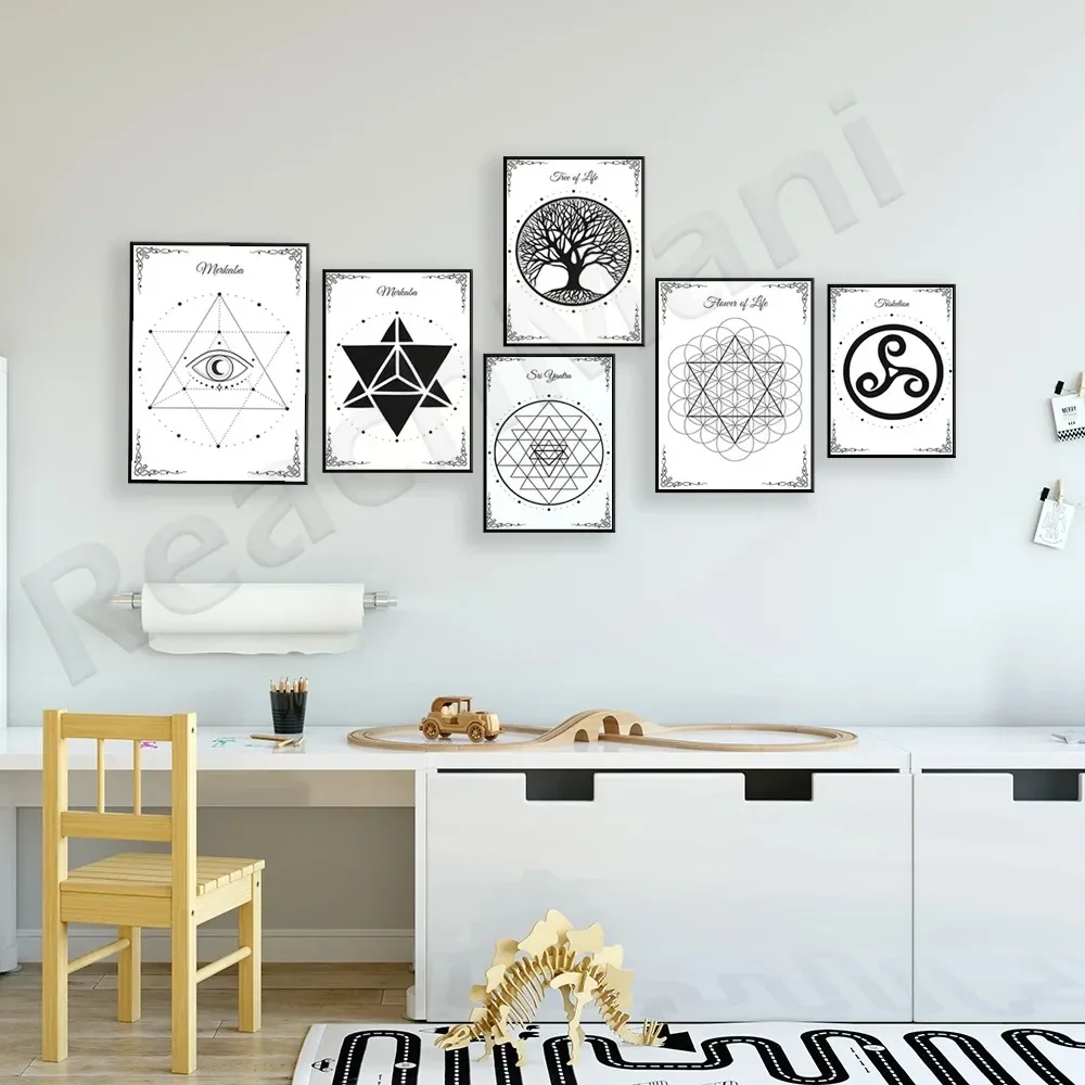Impresiones geométricas sagradas-Melkabali Yantra Triskrion Metatron Cube Árbol de la vida Flor de la vida Póster de semillas Pintura en lienzo Regalo
