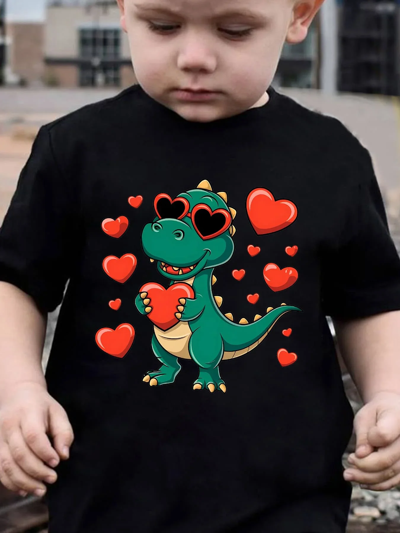 Heart Sunglasses Green Dinosaur Red Love Hearts Family Matching Cotton Tees Short Sleeve Tops For Mom Dad Boys Girls Daily Wear