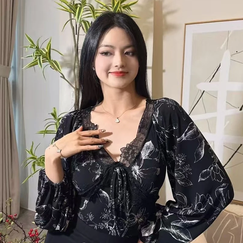 2025 neue Frauen V-ausschnitt Ballroom Dance Tops Schwarz Puff Langarm Tanzen Body Erwachsene Samba Rumba Modern Dance Body XH 2843