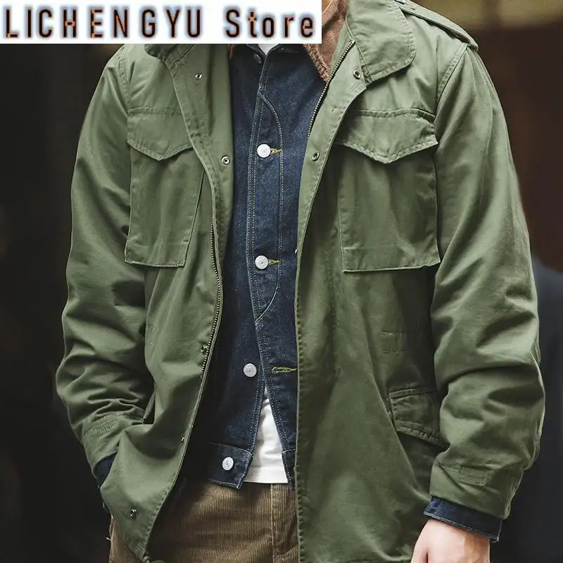 Field Jackets For Men Green Vintage Army Jacket Casual Windbreaker Solid Lapel Collar with Pockets Overcoat
