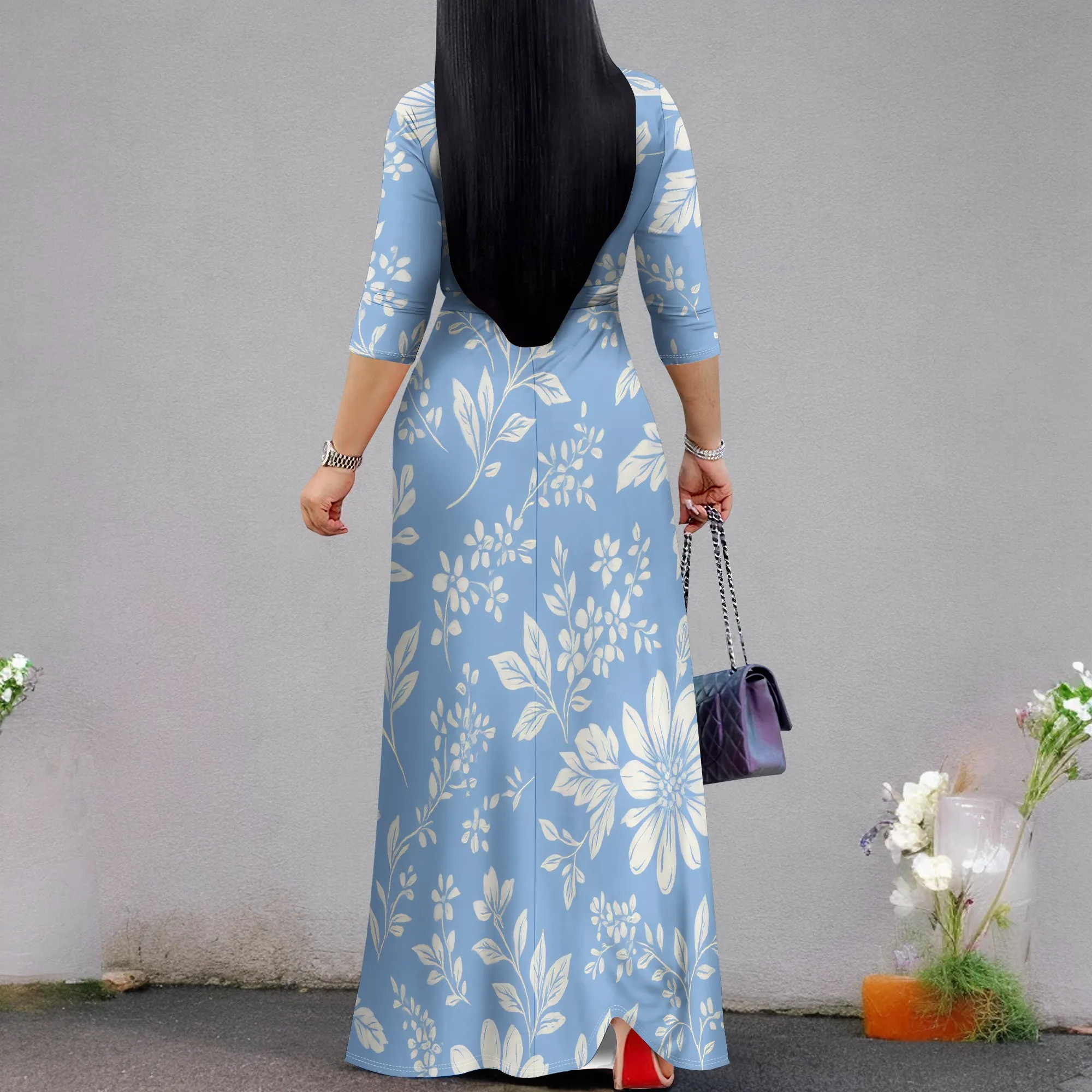 Damen-Maxikleider mit langen Ärmeln, V-Ausschnitt, fließendes Party-Hochzeitsgastkleid mit Gürtel