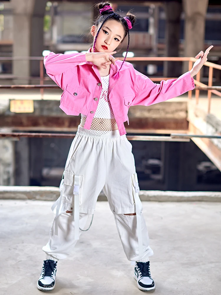 New Jazz Dance Costume Girls Hip Hop Clothing Pink Long Sleeved Coat White Vest Pants Modern Dance Performance Stage Wear BL9010