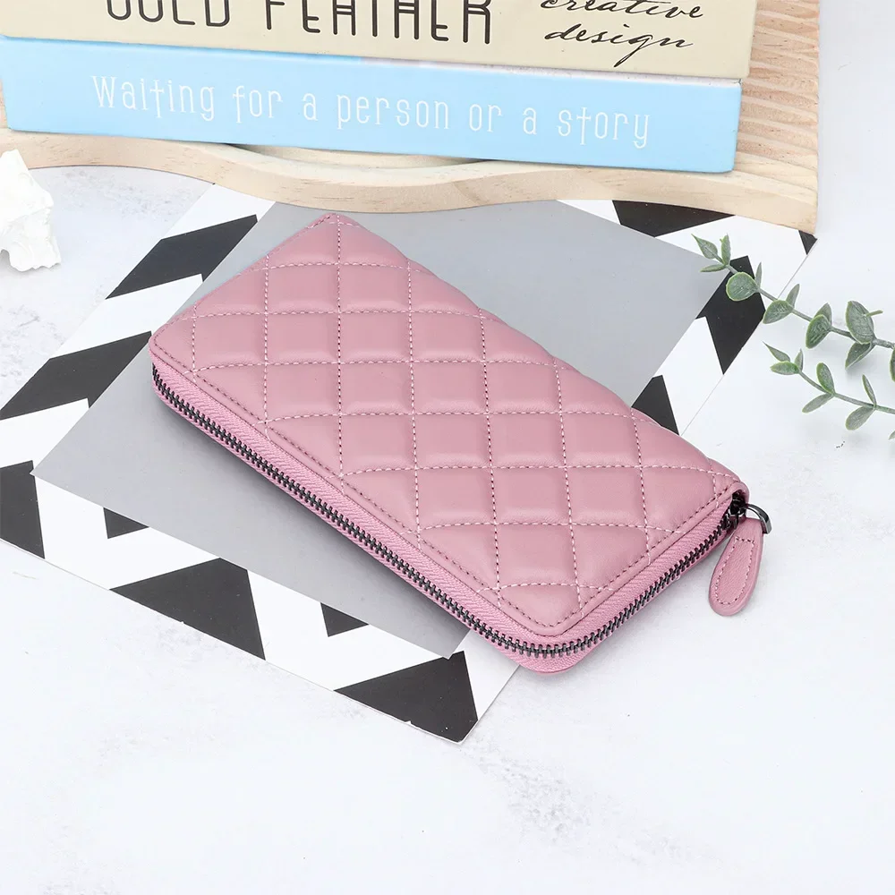 Dompet Kulit Wanita Panjang Kapasitas Besar Fashion Kulit Domba Bordir Berlian Periksa Ritsleting Dompet Tas Ponsel