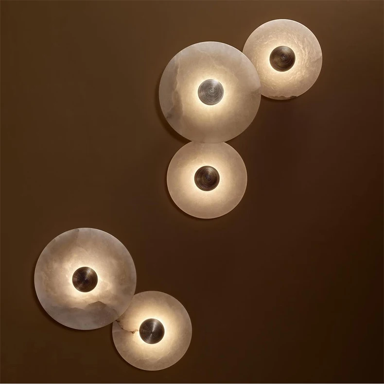 Natural Marble LED Wall Lamp Round Shape Gold Metal Free