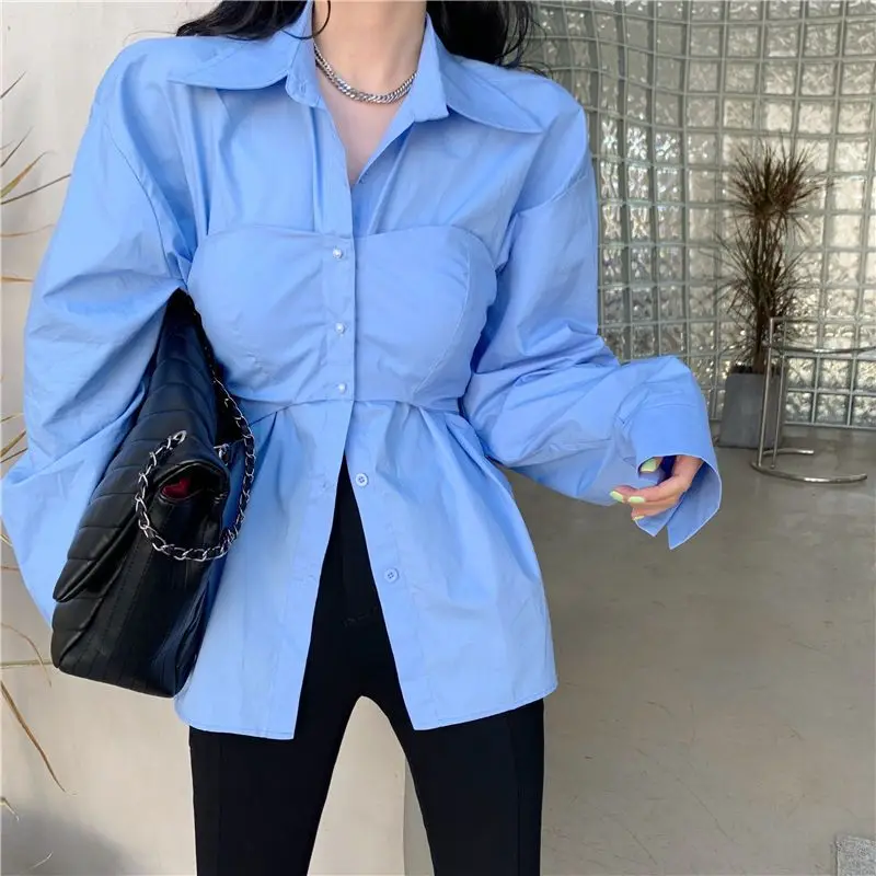 Spring Autumn POLO Collar Fashion Long Sleeve Shirt Women High Street Solid Color Button Cardigan French Style Patchwork Tops