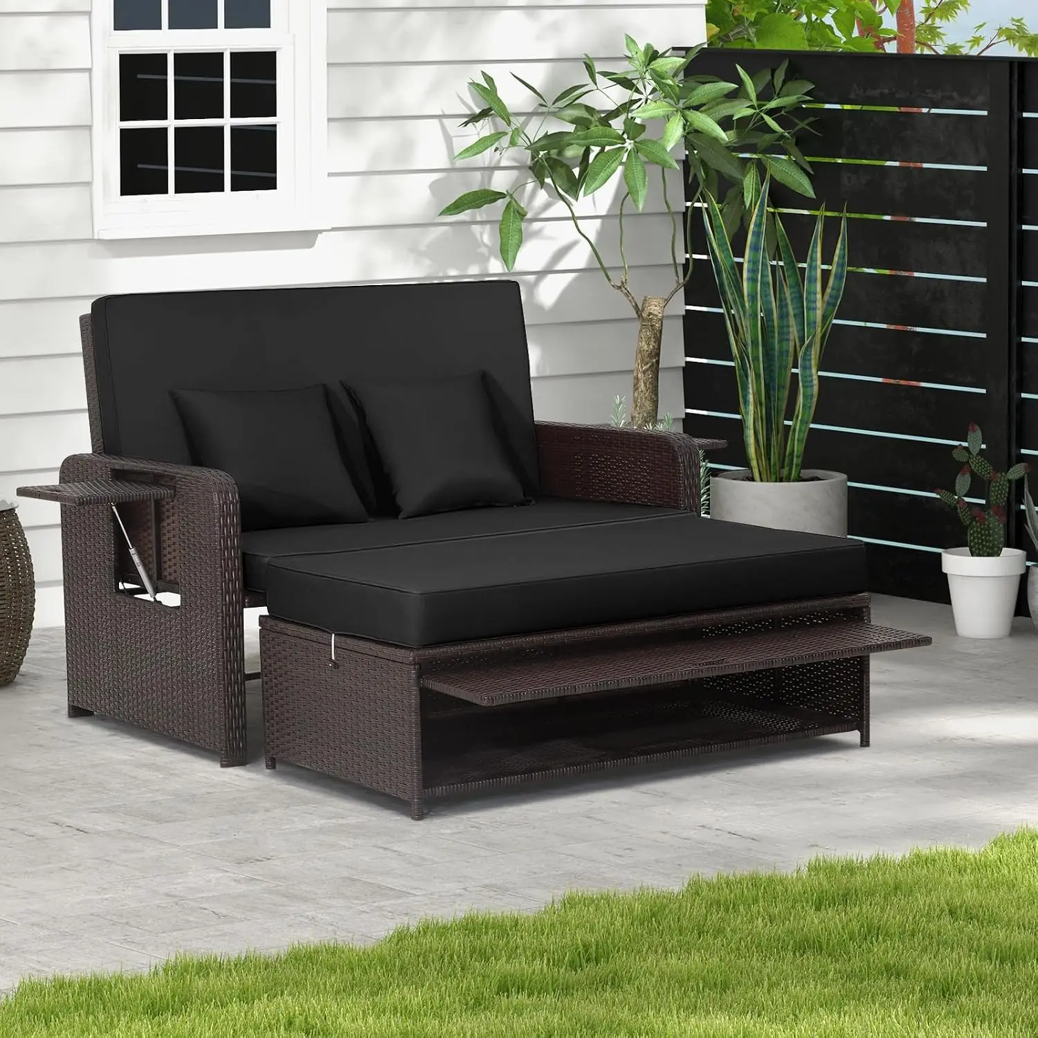 Moccha Outdoor Daybed, Wicker Loveseat Sofa Set with 4-Postion Adjustable Backrest, Storage Ottoman, Cushions, Rattan Double Bed