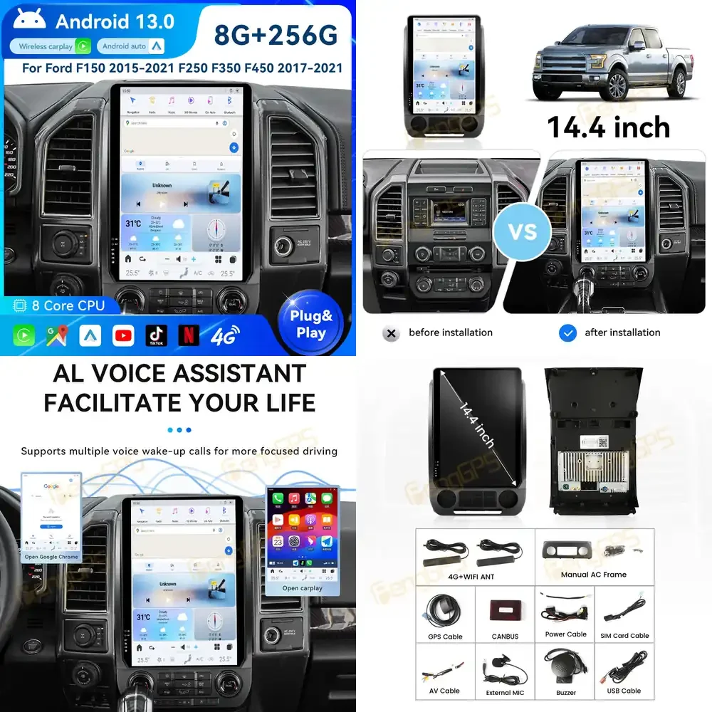 

14.4 inch Car Radio for F150 2015–2021 F250 F350 F450 2017–2021 Vertical Screen Stereo Multimedia Player