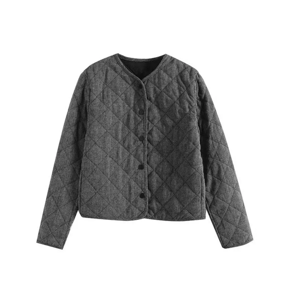 Women's round neck quilted diamond grid thin cotton jacket with button decoration for autumn and winter new casual jacket