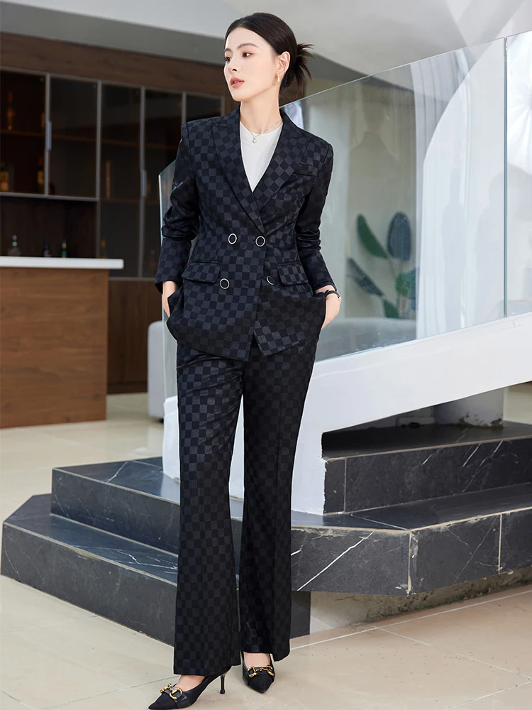 Fashion Ladies Formal Pant Suit Women Purple Pink Black Plaid Jacket And Trouser Female Business Work Wear 2 Piece Blazer Set