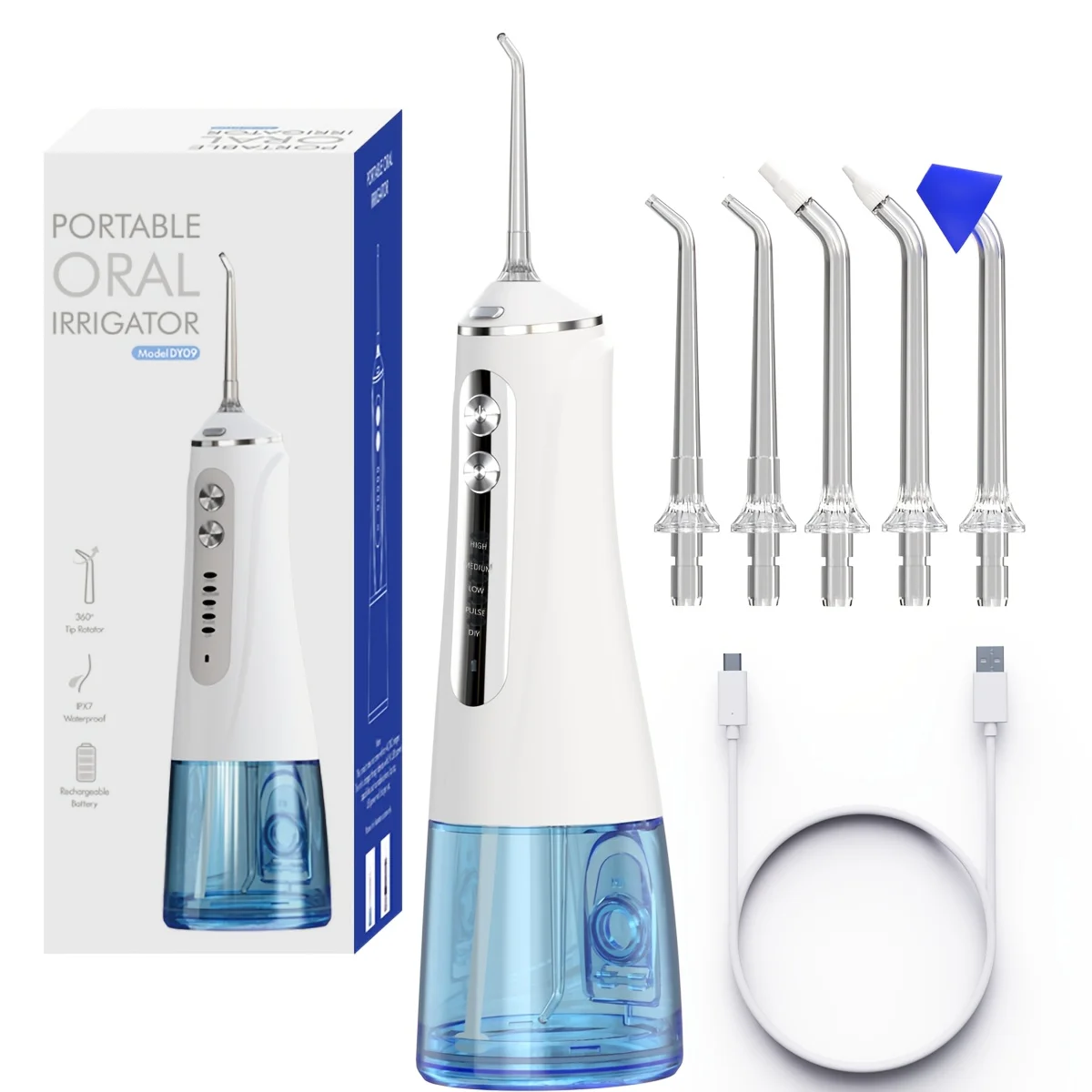 

High Pressure Water Dental Flosser USB Rechargeable 2000mAh IPX7 Waterproof 300ML Tank 5 Modes DIY Flow 5 Nozzles Oral irrigator