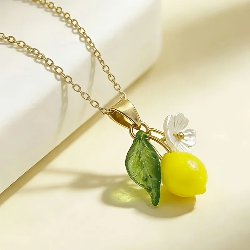 1Pc Fresh Cute Lemon Flower Resin Pendant Necklace Sweet Jewelry Gift For Women Daily Wear Fashion Accessories - view 2