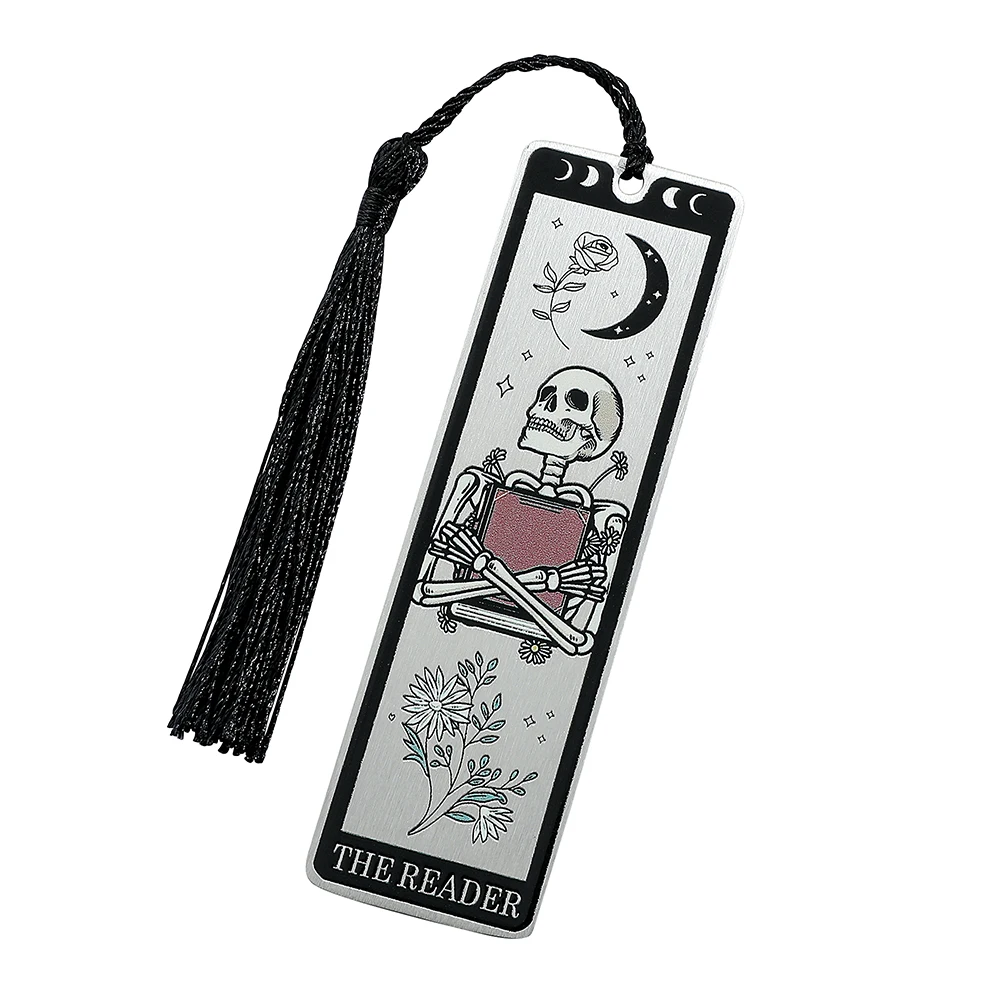 Colorful Skeleton The Reader Stainless Steel Tassel Bookmark, a birthday and Christmas reading gift for book fans, lovers, and f